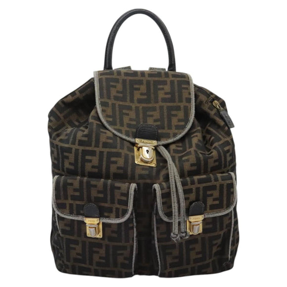 FENDI Zucca Canvas Backpack Brown Black gold Auth 117434