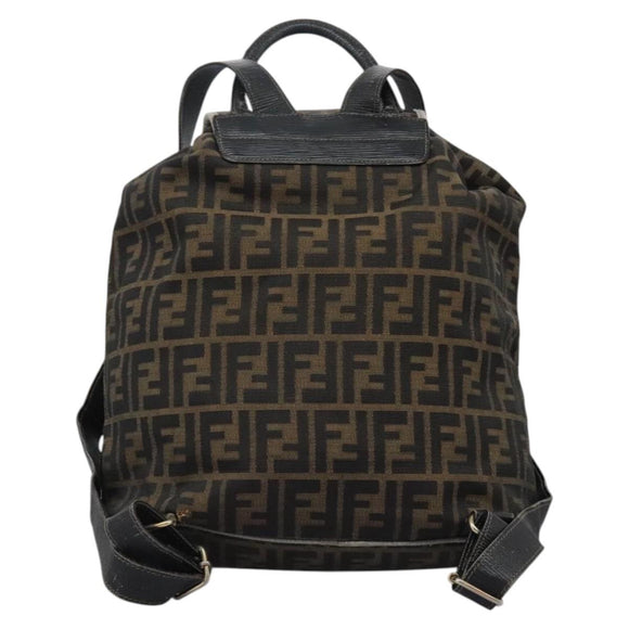 FENDI Zucca Canvas Backpack Brown Black gold Auth 117434