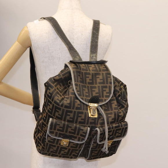 FENDI Zucca Canvas Backpack Brown Black gold Auth 117434