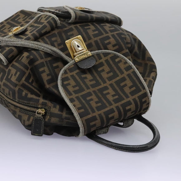 FENDI Zucca Canvas Backpack Brown Black gold Auth 117434