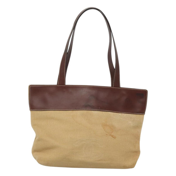 CHANEL COCO Mark Tote Bag Leather Canvas Beige CC Auth 117522