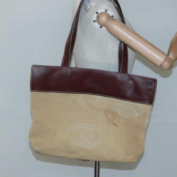 CHANEL COCO Mark Tote Bag Leather Canvas Beige CC Auth 117522