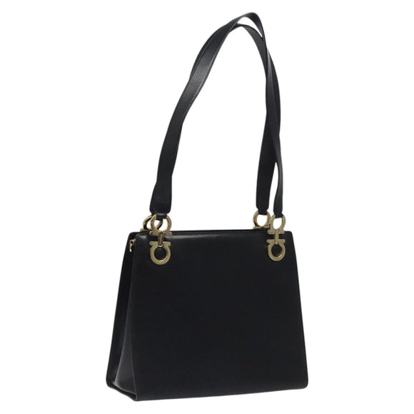 Salvatore Ferragamo Gancini Shoulder Bag Leather Black Gold Auth 117541