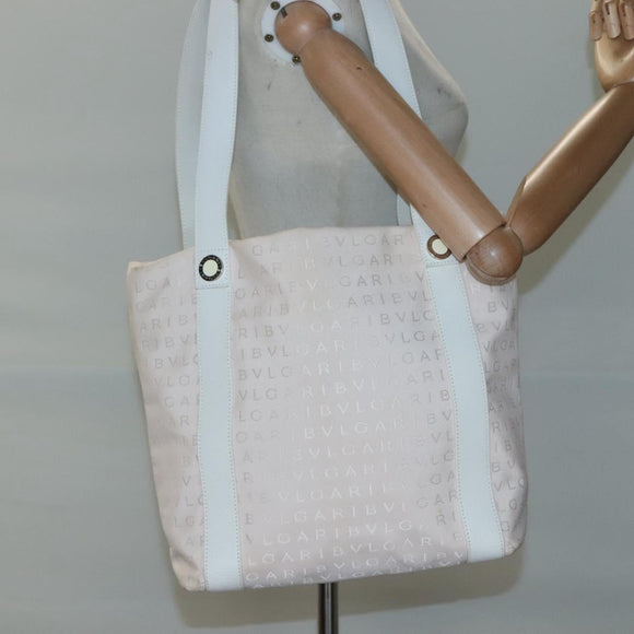 BVLGARI Logo Mania Tote Bag Canvas Pink White Silver Auth 117578