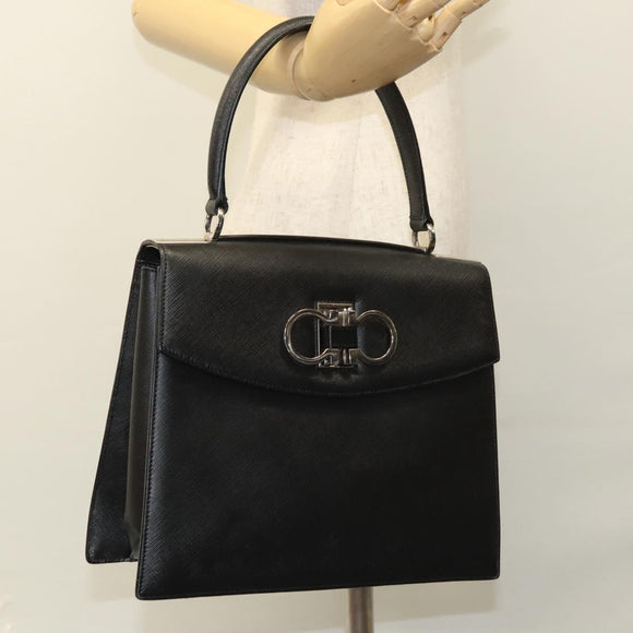 Salvatore Ferragamo Gancini Handtasche Leder Schwarz Silber Auth 117589