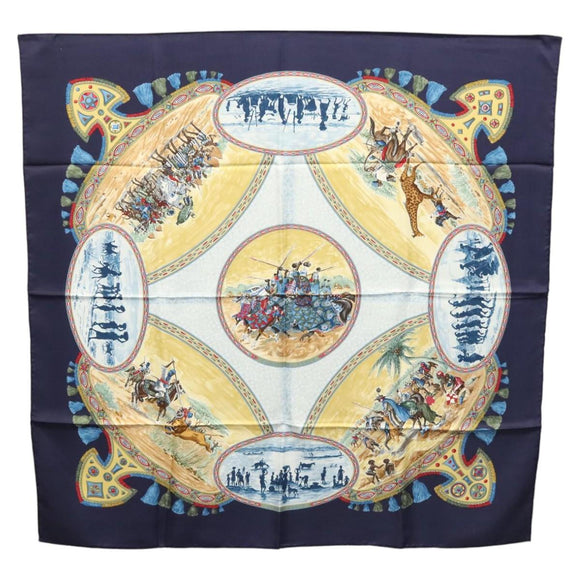 HERMES Carre 90 Scarf CAVALIERS PEULS Silk Navy Auth 117653