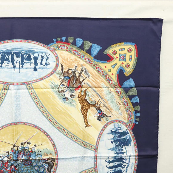 HERMES Carre 90 Scarf CAVALIERS PEULS Silk Navy Auth 117653