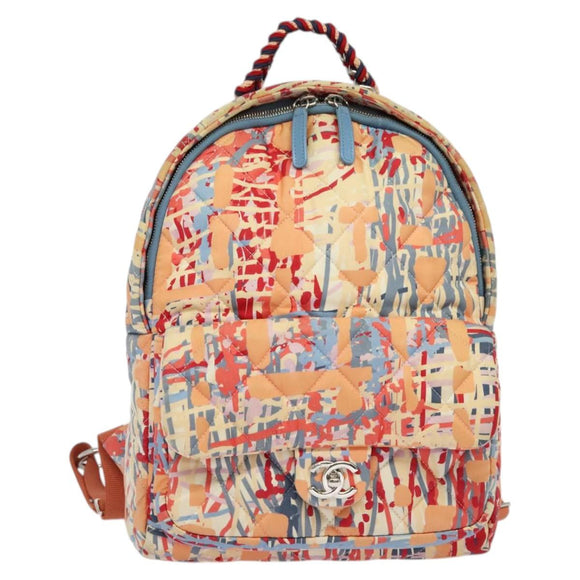 CHANEL Matelasse Backpack Cotton Orange Silver CC Auth 117675