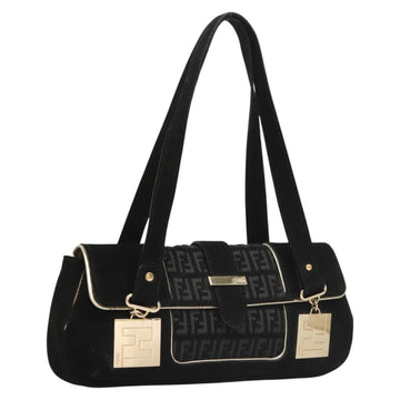 FENDI Zucchino Canvas Shoulder Bag Suede Black Auth 117694