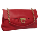 Salvatore Ferragamo Gancini Chain Shoulder Bag Leather Red Gold Auth 117738-1