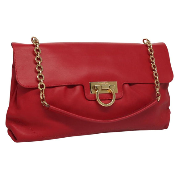 Salvatore Ferragamo Gancini Chain Shoulder Bag Leather Red Gold Auth 117738
