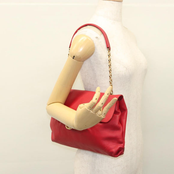 Salvatore Ferragamo Gancini Chain Shoulder Bag Leather Red Gold Auth 117738