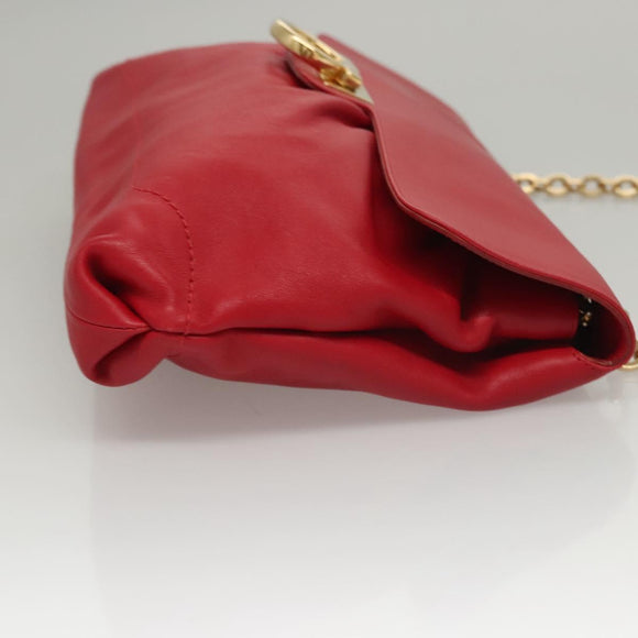 Salvatore Ferragamo Gancini Chain Shoulder Bag Leather Red Gold Auth 117738