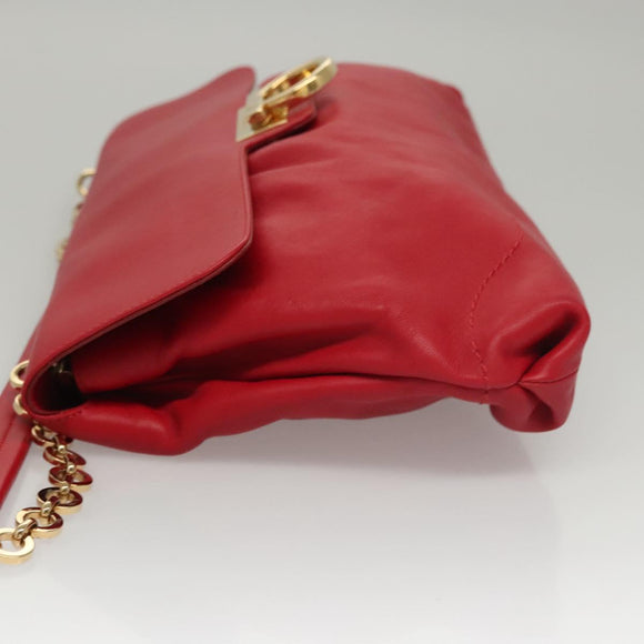 Salvatore Ferragamo Gancini Chain Shoulder Bag Leather Red Gold Auth 117738