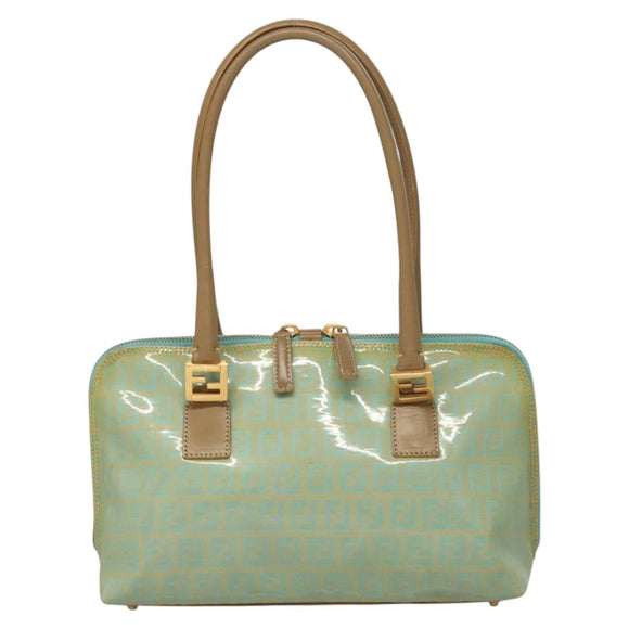 FENDI Zucchino Canvas Hand Bag Enamel Light Blue Gold Auth 117743