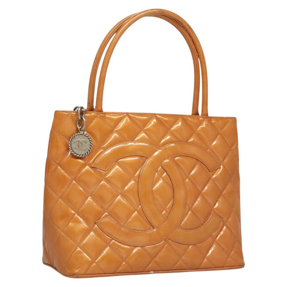 CHANEL Standard Tote Bag Patent leather Beige CC Auth 117843