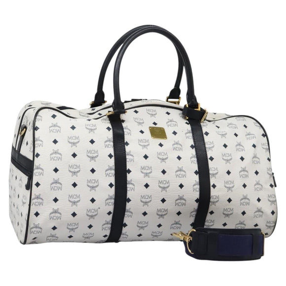 MCM Logogram Vicetos Boston Bag PVC Leather 2way White Gold Auth 117855