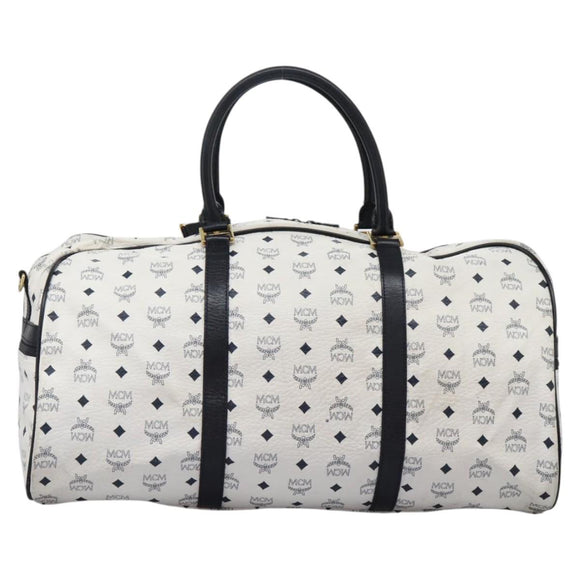 MCM Logogram Vicetos Boston Bag PVC Leather 2way White Gold Auth 117855