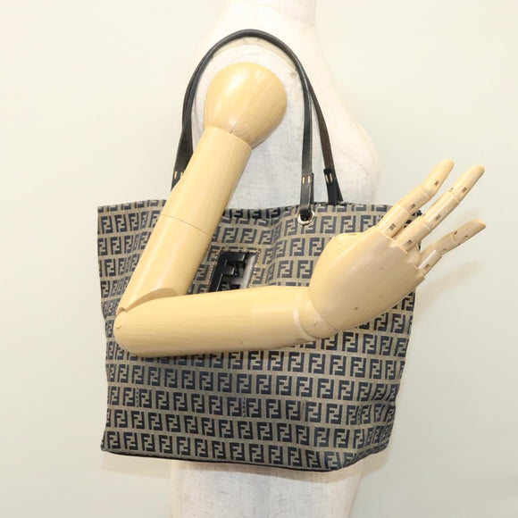 FENDI Zucchino Canvas Tote Bag Nylon Navy Silver Auth 117895
