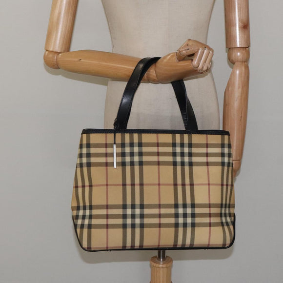 BURBERRY Nova Check Hand Bag PVC Beige Silver Auth 117914