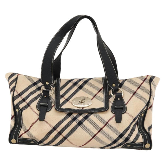 BURBERRY Nova Check Blue Label Tote Bag Canvas Beige Gold Auth 117928