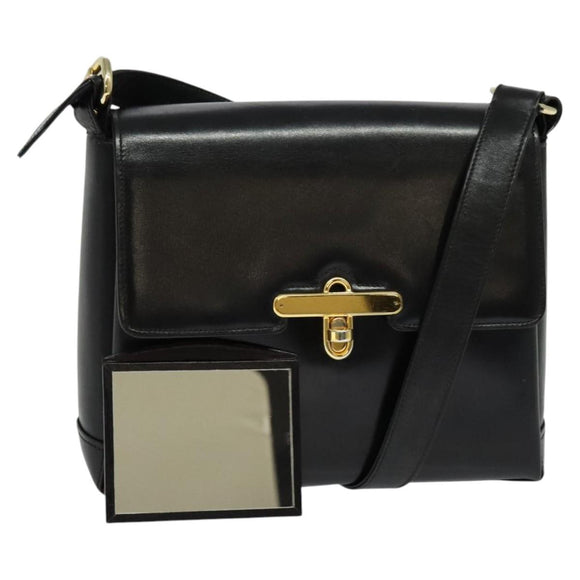 GUCCI Shoulder Bag Leather 2way Black Gold Auth 117991