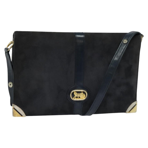 CELINE Shoulder Bag Suede Navy Gold Auth 118002