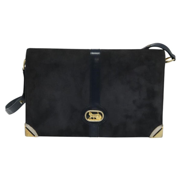 CELINE Shoulder Bag Suede Navy Gold Auth 118002