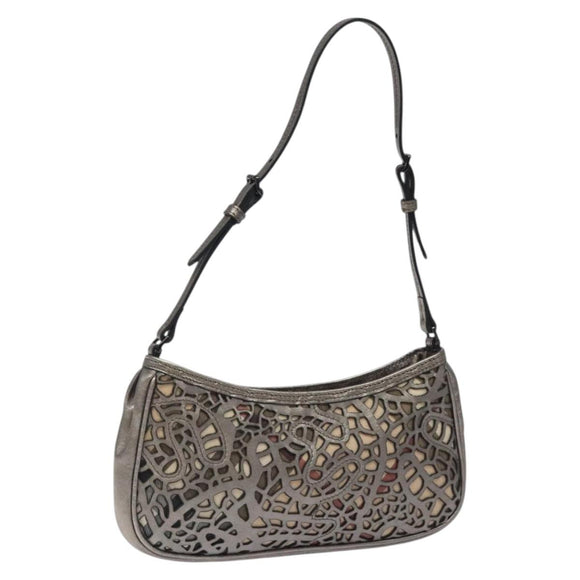 BURBERRY Nova Check Accessory Pouch Leather Silver Auth 118011