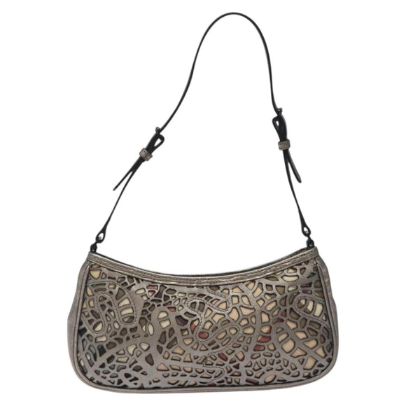 BURBERRY Nova Check Accessory Pouch Leather Silver Auth 118011