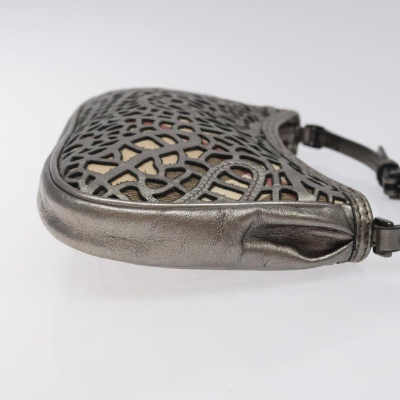 BURBERRY Nova Check Accessory Pouch Leather Silver Auth 118011