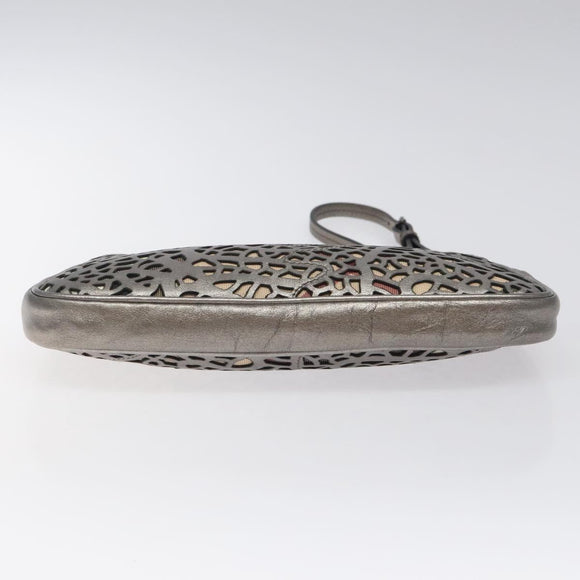 BURBERRY Nova Check Accessory Pouch Leather Silver Auth 118011