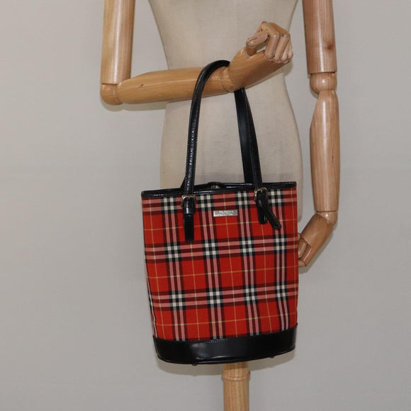 Burberrys Nova Check Blue Label Hand Bag Canvas Red Silver Auth 118022