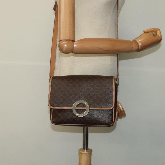 CELINE Macadam Canvas Circle Shoulder Bag PVC Leather Brown Gold Auth 118034