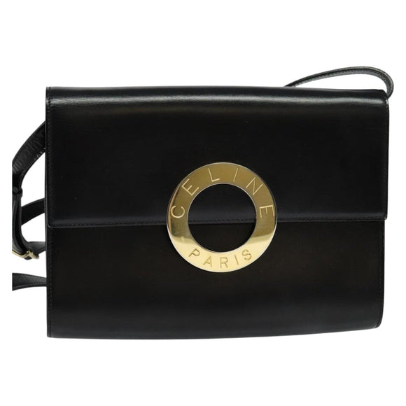 CELINE Circle Shoulder Bag Leather Black Gold Auth 118035