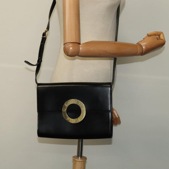 CELINE Circle Shoulder Bag Leather Black Gold Auth 118035