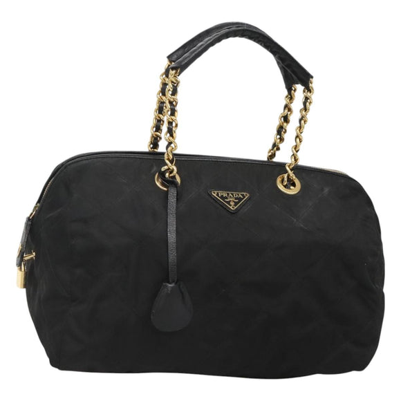 PRADA Chain Shoulder Bag Nylon Black Gold Auth 118044