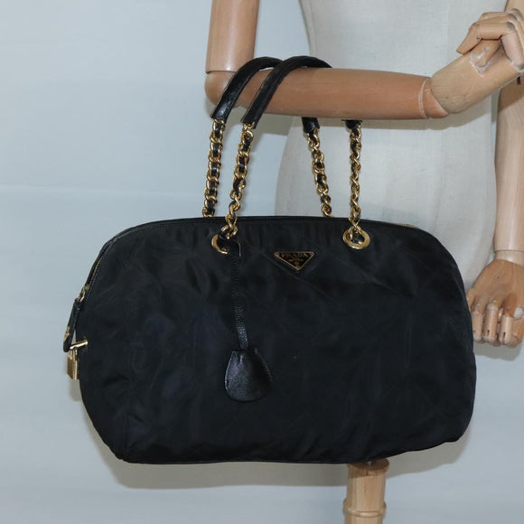 PRADA Chain Shoulder Bag Nylon Black Gold Auth 118044