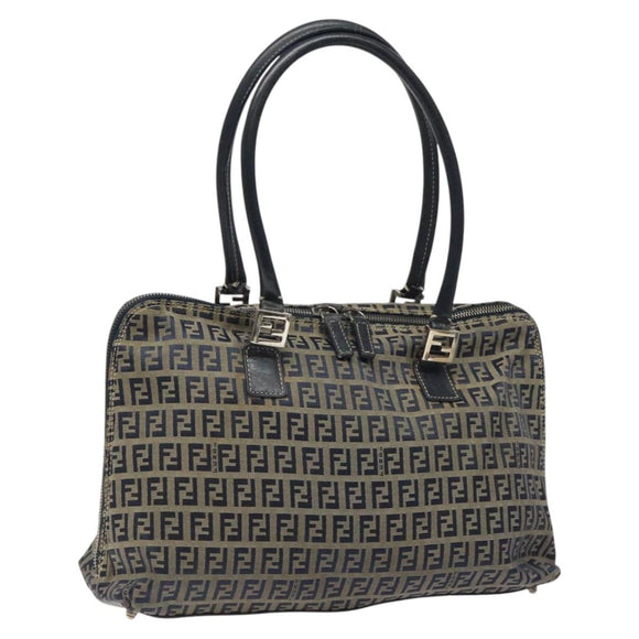 FENDI Zucchino Canvas Hand Bag Navy Silver Auth 118049