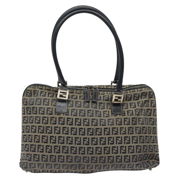 FENDI Zucchino Canvas Hand Bag Navy Silver Auth 118049