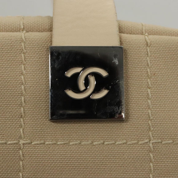 CHANEL Choco Bar Hand Bag Canvas Beige CC Auth 118066