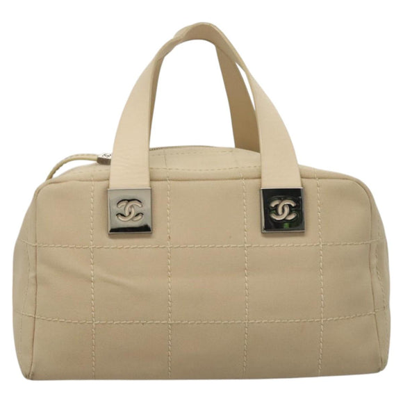 CHANEL Choco Bar Hand Bag Canvas Beige CC Auth 118066