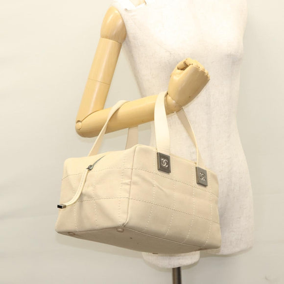 CHANEL Choco Bar Hand Bag Canvas Beige CC Auth 118066