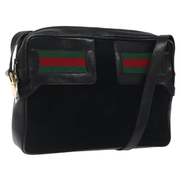 GUCCI Web Sherry Line Shoulder Bag Suede Black Gold Red Auth 118069