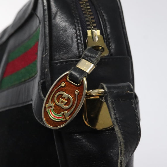 GUCCI Web Sherry Line Shoulder Bag Suede Black Gold Red Auth 118069