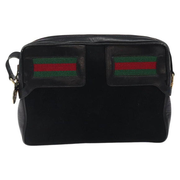 GUCCI Web Sherry Line Shoulder Bag Suede Black Gold Red Auth 118069