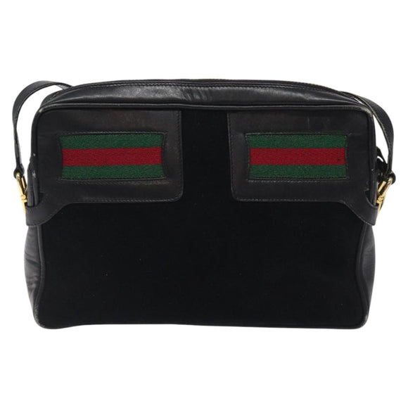 GUCCI Web Sherry Line Shoulder Bag Suede Black Gold Red Auth 118069