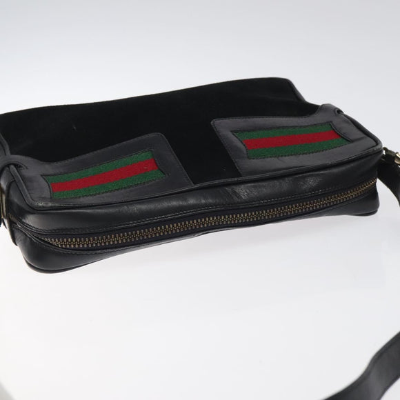 GUCCI Web Sherry Line Shoulder Bag Suede Black Gold Red Auth 118069