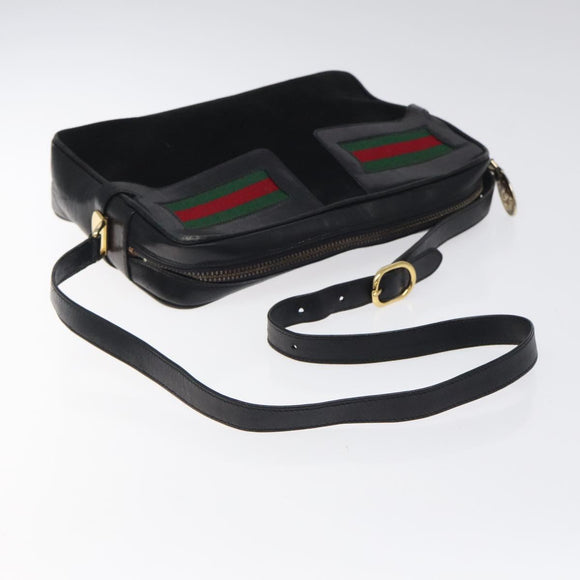 GUCCI Web Sherry Line Shoulder Bag Suede Black Gold Red Auth 118069
