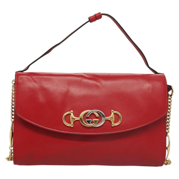 GUCCI Chain Shoulder Bag Leather Red Gold 572375 Auth 118122